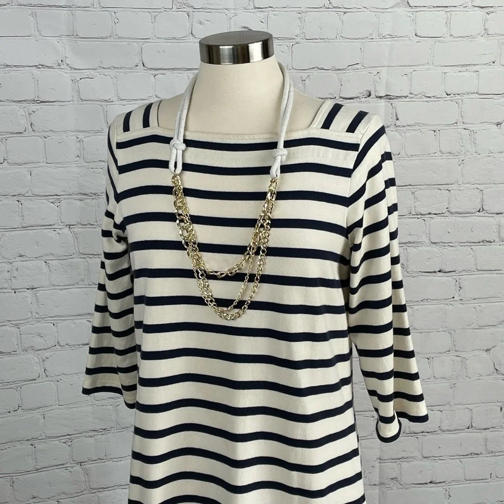 LL Bean Medium Boat Neck 3/4 Sleeve Dress Striped 100% Cotton Cream/Blue/Red - Picture 5 of 11